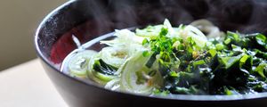 Preview wallpaper soup, greens, steam, hot, asia, food