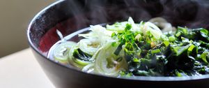 Preview wallpaper soup, greens, steam, hot, asia, food