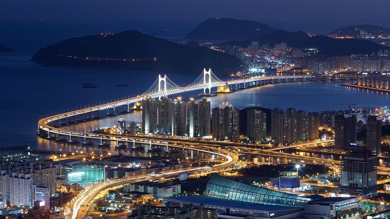 Wallpaper south korea, busan, top view, night, bridge, hdr