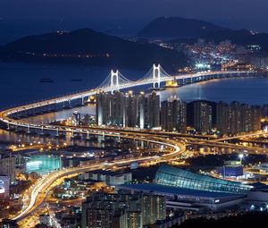Preview wallpaper south korea, busan, top view, night, bridge, hdr