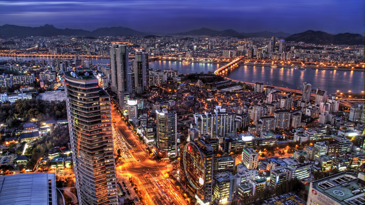 Wallpaper south korea, seoul, capital city, evening, skyscrapers, lights, blue, sky, hdr