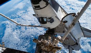 Preview wallpaper space, blue planet, earth, iss, shuttle endeavour