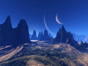 Preview wallpaper space, extraterrestrial, mountains, universe, planet, art