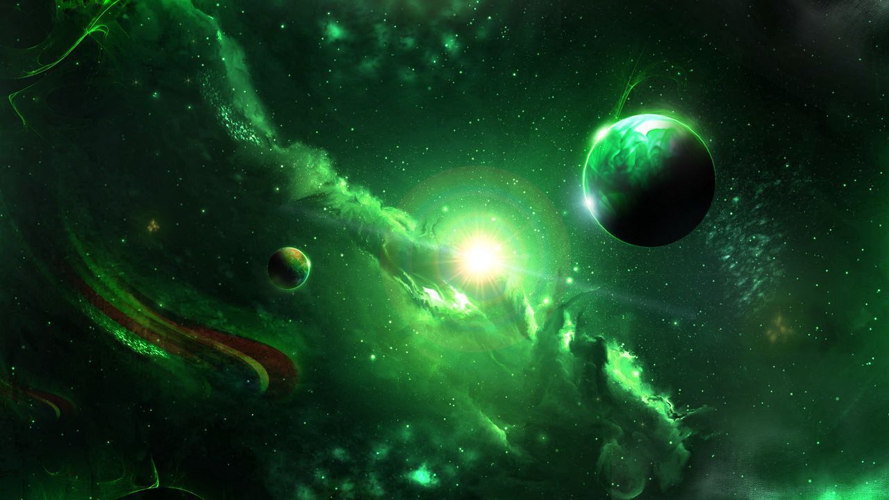 Wallpaper space, galaxy, planets, green, universe