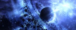 Preview wallpaper space, planet, asteroids, light, flash