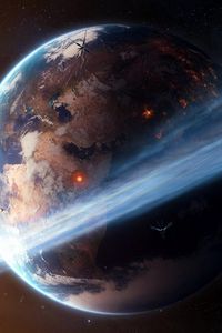 Preview wallpaper space, planet, ring, explosions, satellites