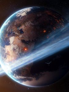 Preview wallpaper space, planet, ring, explosions, satellites