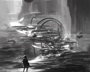 Preview wallpaper spaceship, astronaut, art, black and white