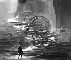 Preview wallpaper spaceship, astronaut, art, black and white