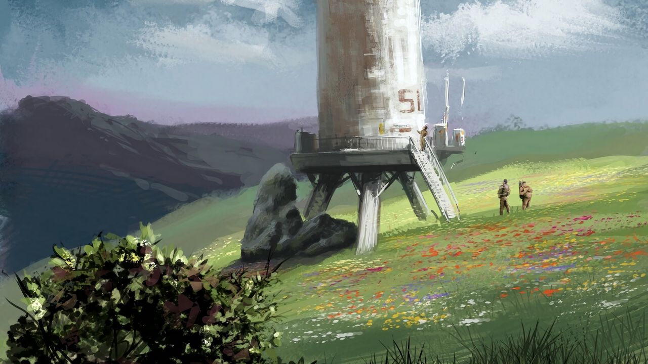 Wallpaper spaceship, astronauts, field, art