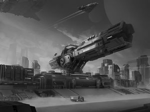 Preview wallpaper spaceship, fantasy, sci-fi, art, black and white