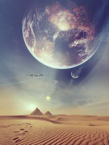 Preview wallpaper spaceship, pyramids, desert, fantasy, art