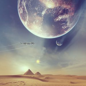 Preview wallpaper spaceship, pyramids, desert, fantasy, art