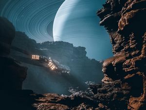 Preview wallpaper spaceship, rocks, jupiter, planet, illusion
