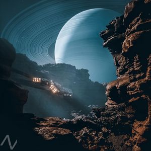 Preview wallpaper spaceship, rocks, jupiter, planet, illusion