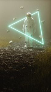 Preview wallpaper spacesuit, astronaut, triangle, neon, gravity