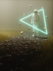 Preview wallpaper spacesuit, astronaut, triangle, neon, gravity