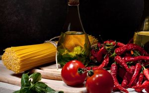 Preview wallpaper spaghetti, oil, decanter, tomato, pepper, greens
