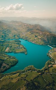 Preview wallpaper spain, alfilorios reservoir, mountains, forest, trees, river, water reservoir