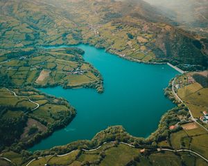 Preview wallpaper spain, alfilorios reservoir, mountains, forest, trees, river, water reservoir
