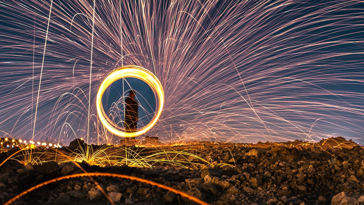 Wallpaper sparks, fire show, long exposure, movement, glow, bright, circle