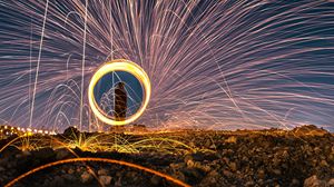 Preview wallpaper sparks, fire show, long exposure, movement, glow, bright, circle
