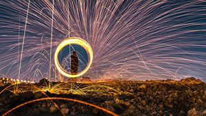 Preview wallpaper sparks, fire show, long exposure, movement, glow, bright, circle