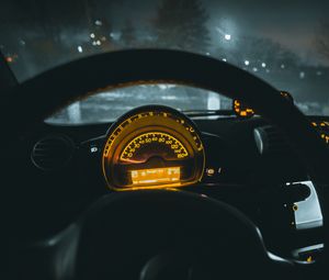 Preview wallpaper speedometer, car, steering wheel, night