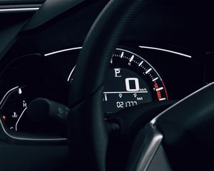 Preview wallpaper speedometer, steering wheel, salon, car, dark