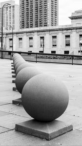 Preview wallpaper spheres, architecture, city, buildings, reflection, street, bw, minneapolis, usa