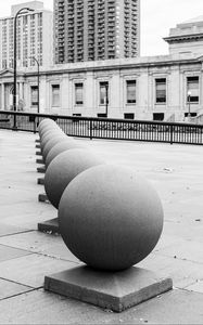 Preview wallpaper spheres, architecture, city, buildings, reflection, street, bw, minneapolis, usa