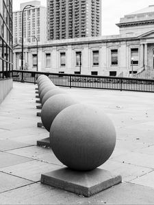 Preview wallpaper spheres, architecture, city, buildings, reflection, street, bw, minneapolis, usa