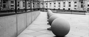 Preview wallpaper spheres, architecture, city, buildings, reflection, street, bw, minneapolis, usa