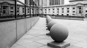 Preview wallpaper spheres, architecture, city, buildings, reflection, street, bw, minneapolis, usa