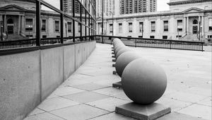 Preview wallpaper spheres, architecture, city, buildings, reflection, street, bw, minneapolis, usa