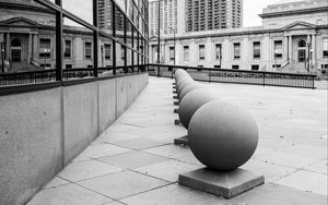 Preview wallpaper spheres, architecture, city, buildings, reflection, street, bw, minneapolis, usa