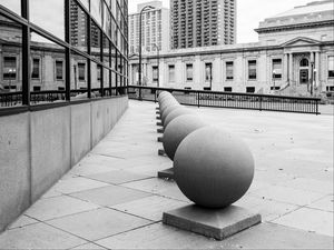 Preview wallpaper spheres, architecture, city, buildings, reflection, street, bw, minneapolis, usa