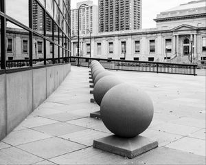 Preview wallpaper spheres, architecture, city, buildings, reflection, street, bw, minneapolis, usa