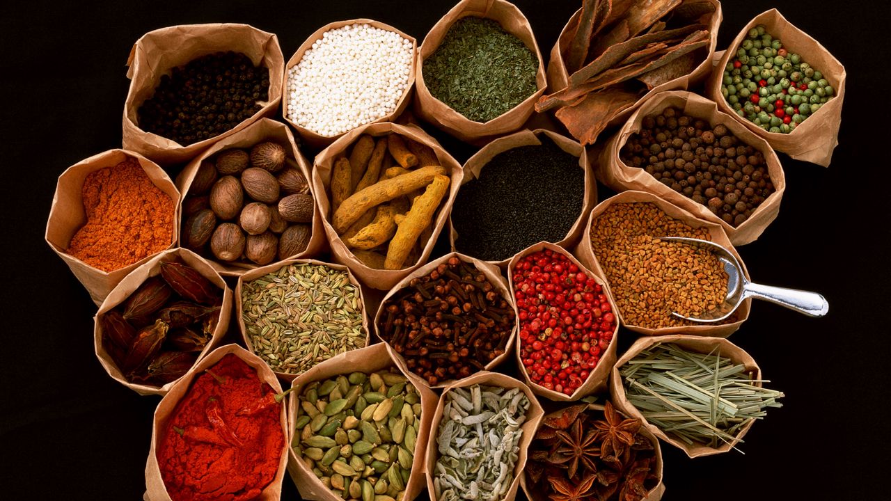 Wallpaper spices, seasonings, additives, bags, black background