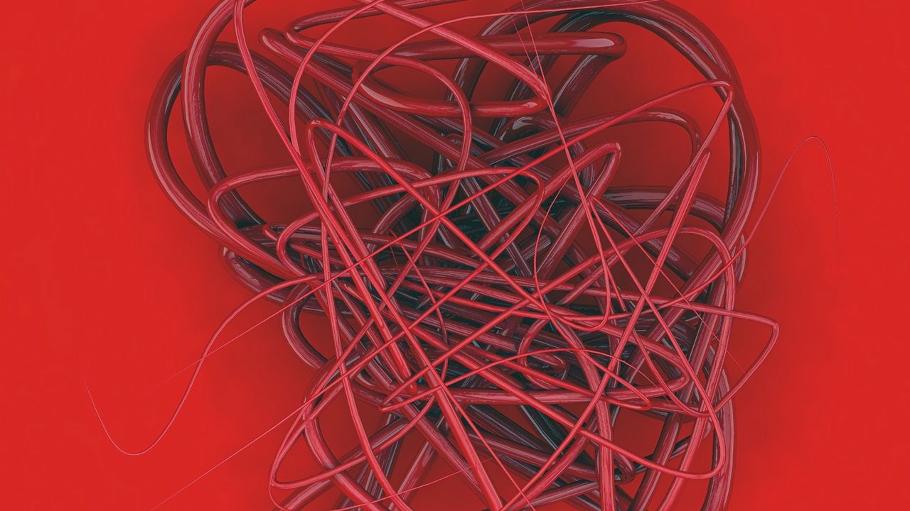 Wallpaper spline, wire, tangled, red, curls