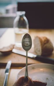 Preview wallpaper spoon, inscription, mood, morning, dishes, breakfast