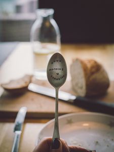 Preview wallpaper spoon, inscription, mood, morning, dishes, breakfast