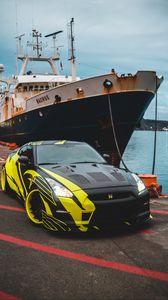 Preview wallpaper sports car, car, front view, ship, pier