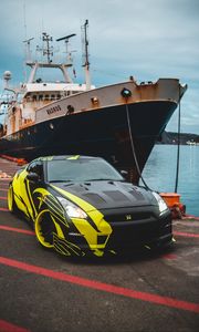 Preview wallpaper sports car, car, front view, ship, pier