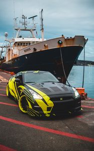 Preview wallpaper sports car, car, front view, ship, pier