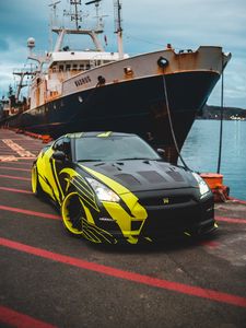 Preview wallpaper sports car, car, front view, ship, pier