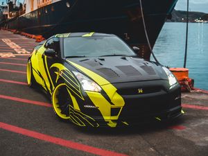 Preview wallpaper sports car, car, front view, ship, pier