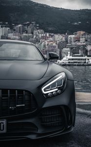 Preview wallpaper sports car, car, front view, black, city