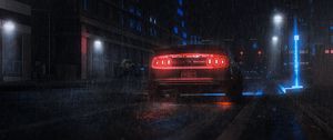 Preview wallpaper sports car, car, rear view, neon, rain