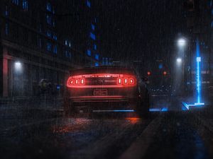 Preview wallpaper sports car, car, rear view, neon, rain